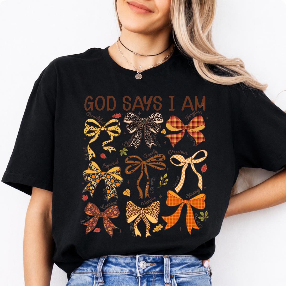 Christian Affirmation Gift for Women God Says I Am Sweatshirt and T-Shirt Faith Gift Women Coquette Bow Design