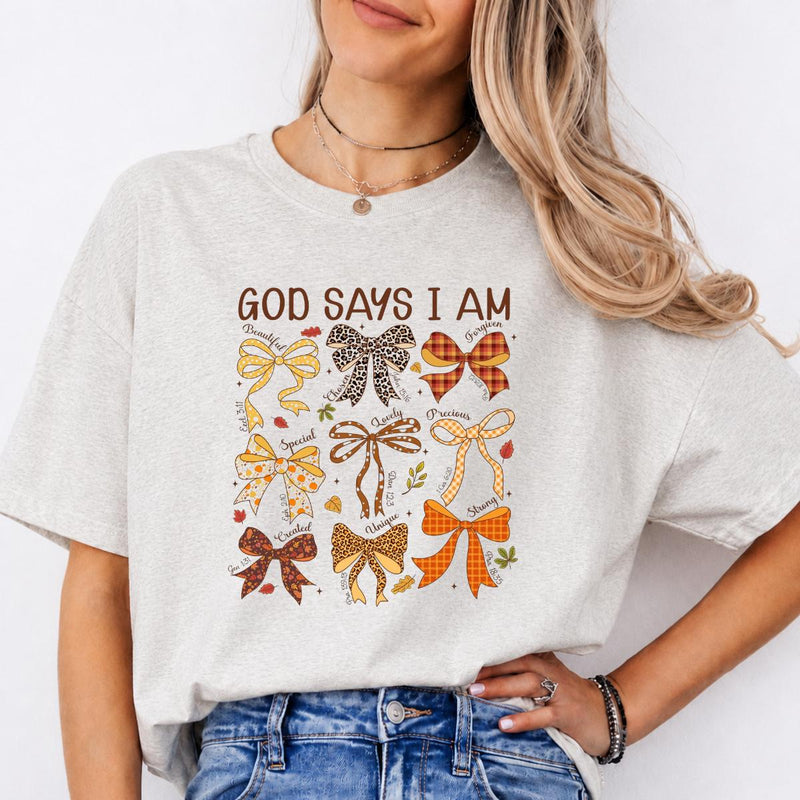 Christian Affirmation Gift for Women God Says I Am Sweatshirt and T-Shirt Faith Gift Women Coquette Bow Design
