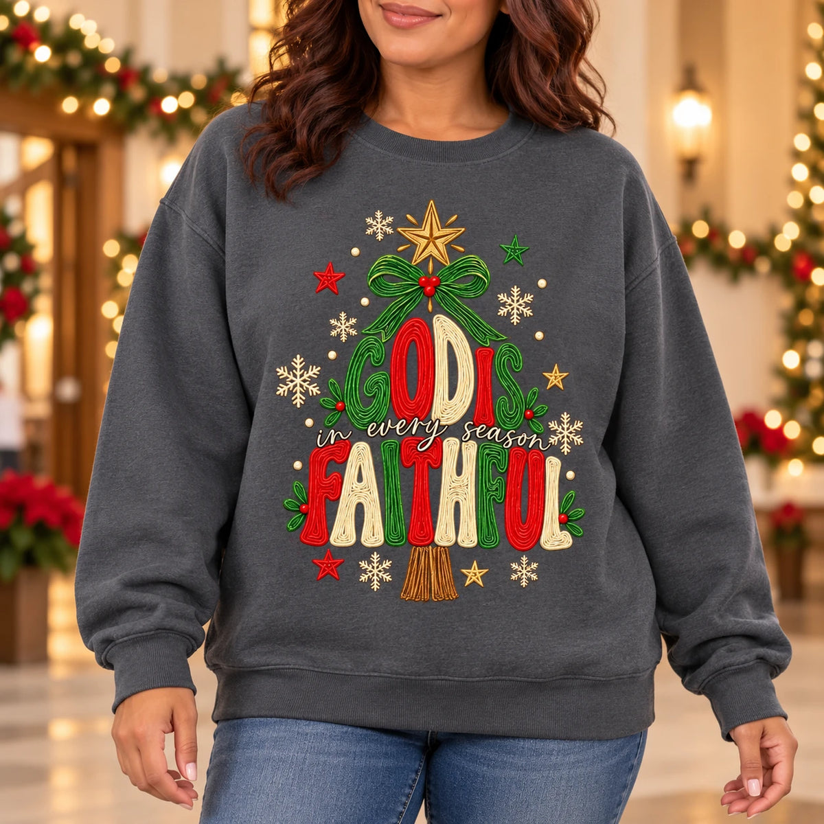 Christian Christmas Sweatshirt, God Is Faithful in Every Season Tree Design for Women