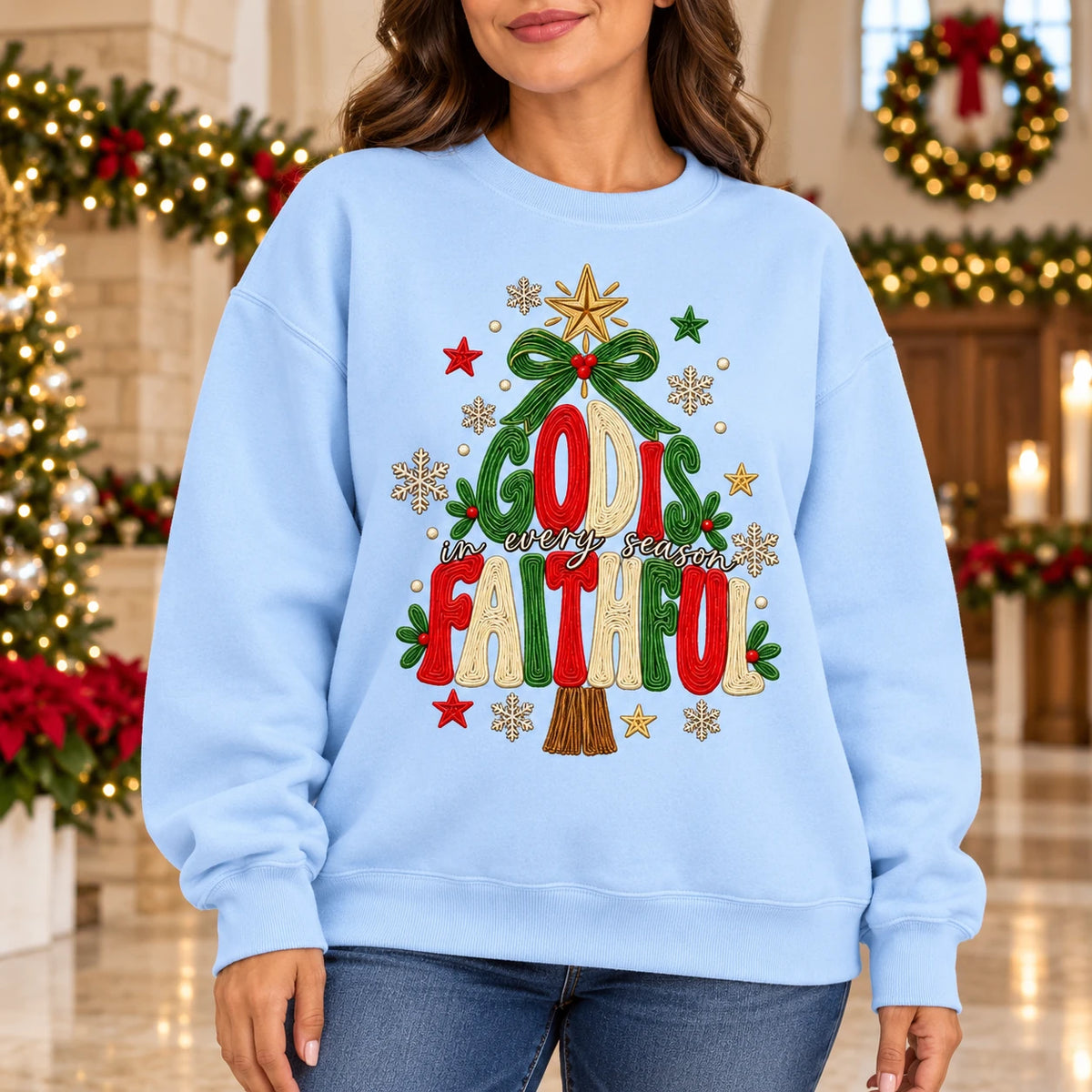 Christian Christmas Sweatshirt, God Is Faithful in Every Season Tree Design for Women