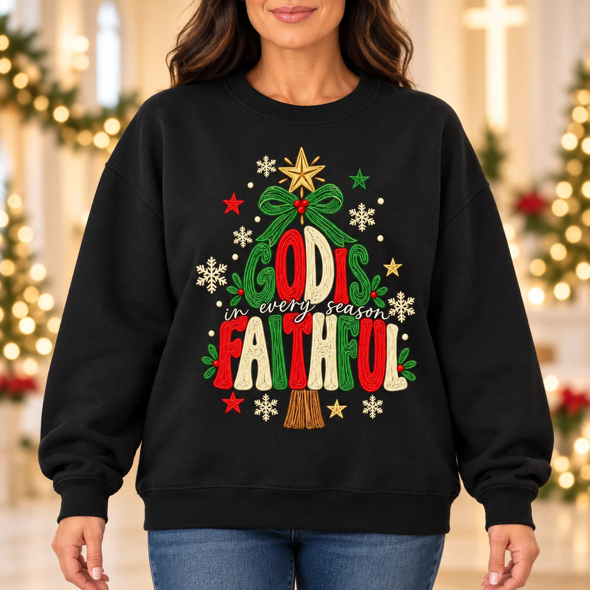 Christian Christmas Sweatshirt, God Is Faithful in Every Season Tree Design for Women