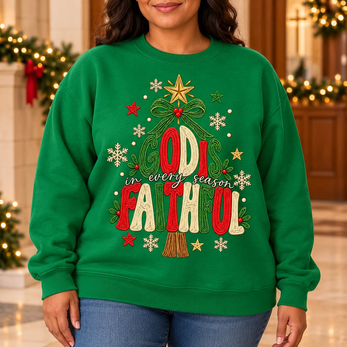 Christian Christmas Sweatshirt, God Is Faithful in Every Season Tree Design for Women