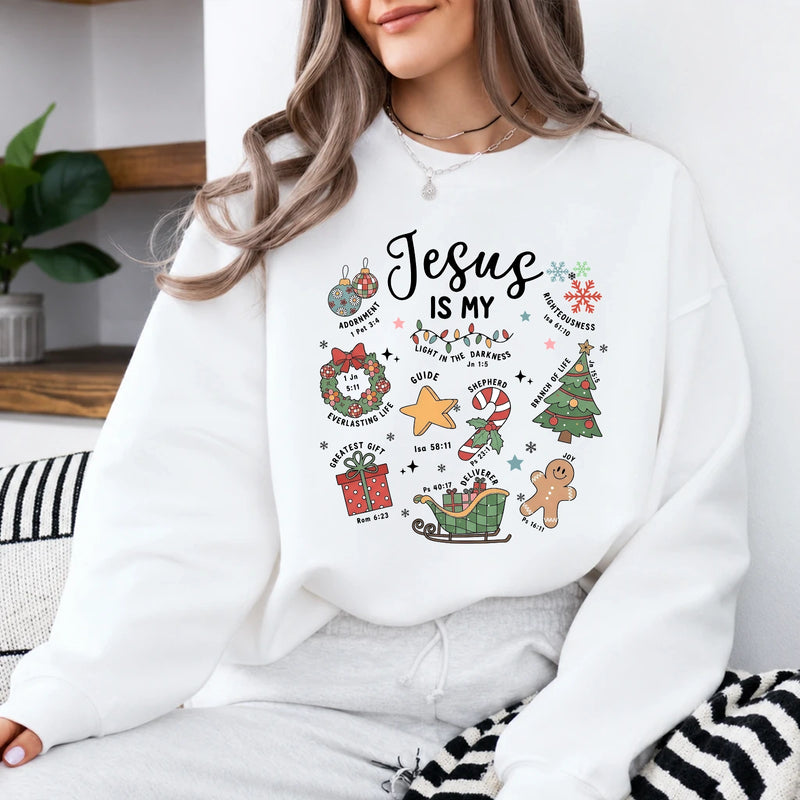 Christian Christmas Sweatshirt Jesus Is My Christmas Faith Women Cute Hand Drawn Doodle Design