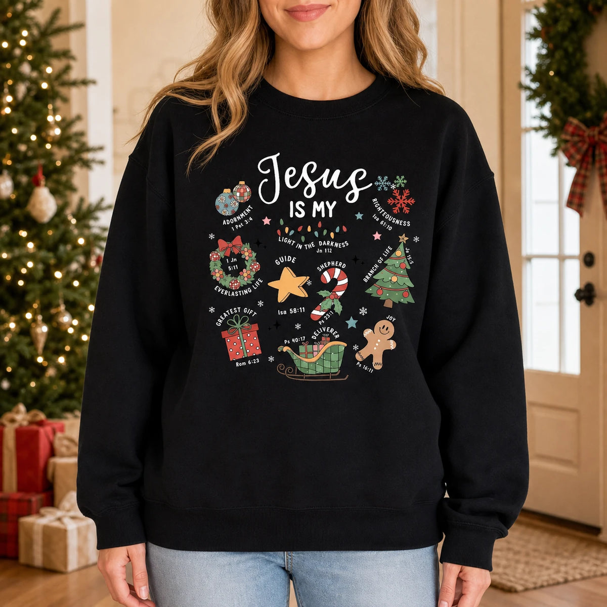 Christian Christmas Sweatshirt Jesus Is My Faith Holiday Doodle Graphic for Women
