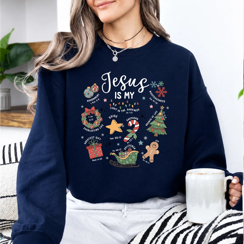 Christian Christmas Sweatshirt Jesus Is My Christmas Faith Women Cute Hand Drawn Doodle Design