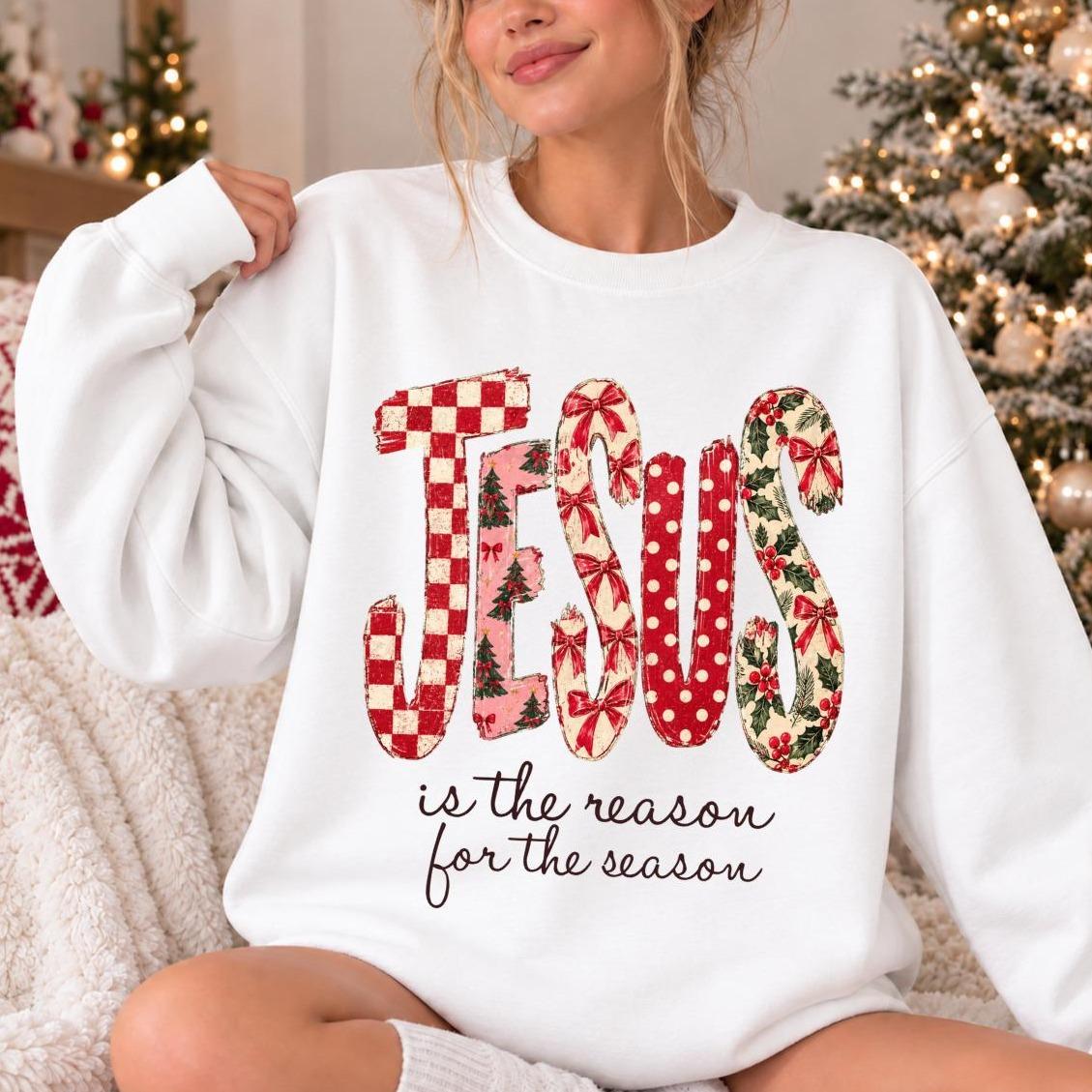Christian Christmas Sweatshirt Jesus Is the Reason for the Season Faith Holiday Women Retro Floral Design
