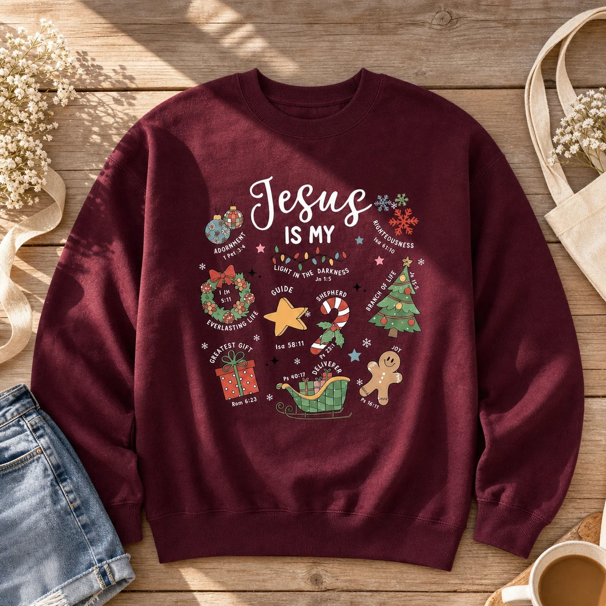 Christian Christmas Sweatshirt Jesus Is My Faith Holiday Doodle Graphic for Women