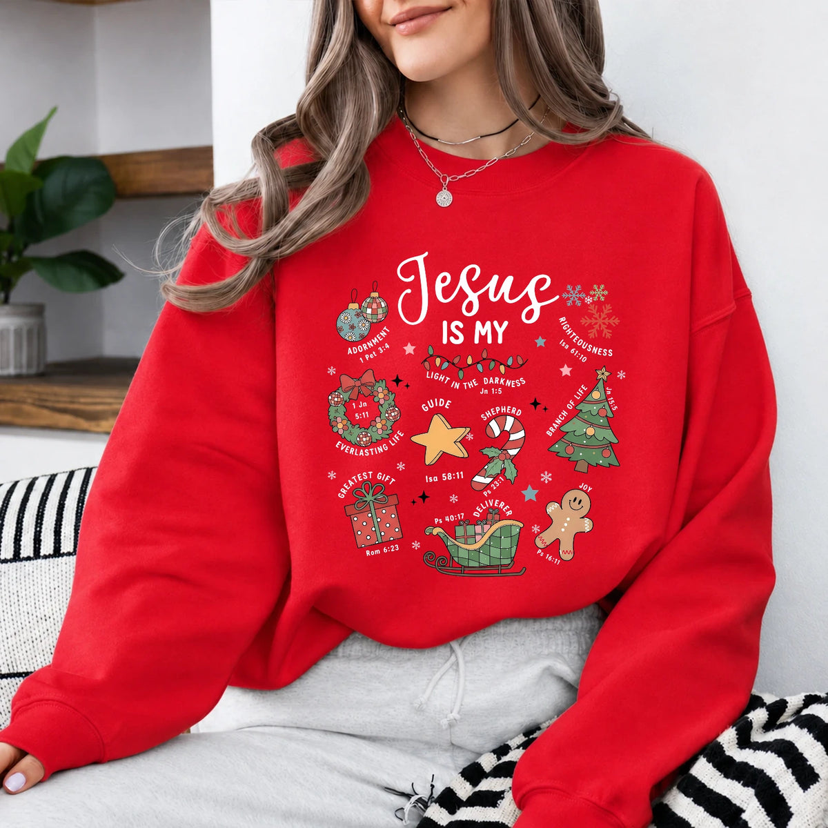 Christian Christmas Sweatshirt Jesus Is My Christmas Faith Women Cute Hand Drawn Doodle Design