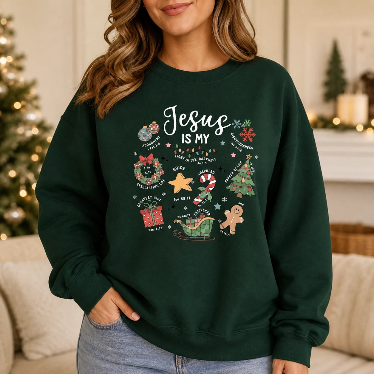 Christian Christmas Sweatshirt Jesus Is My Faith Holiday Doodle Graphic for Women