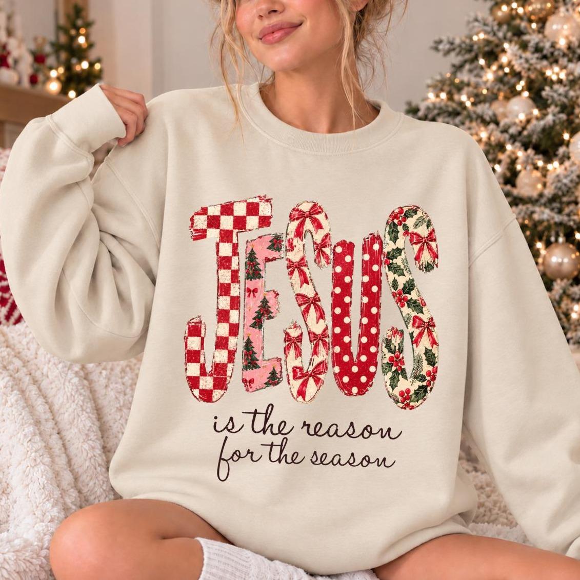Christian Christmas Sweatshirt Jesus Is the Reason for the Season Faith Holiday Women Retro Floral Design