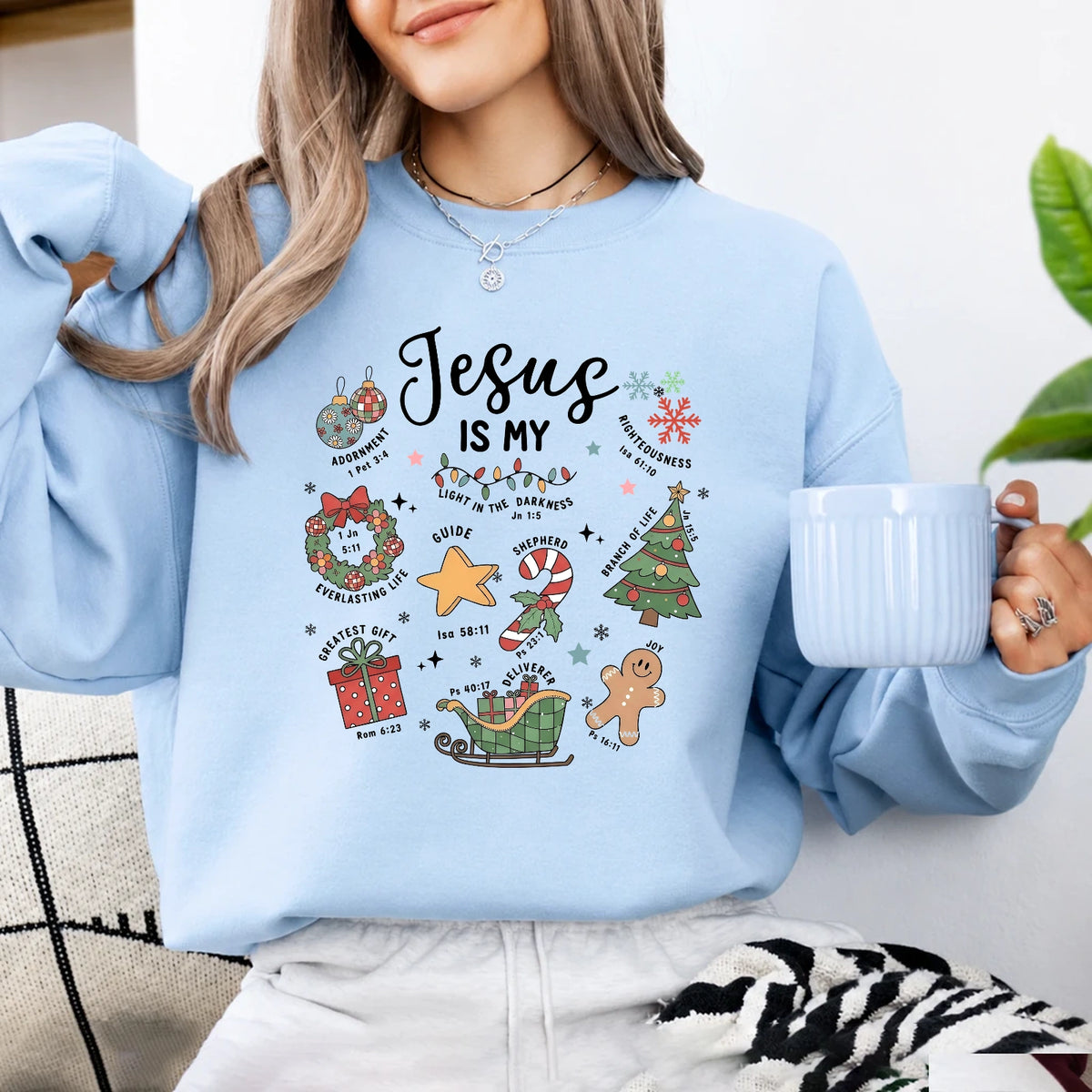 Christian Christmas Sweatshirt Jesus Is My Christmas Faith Women Cute Hand Drawn Doodle Design