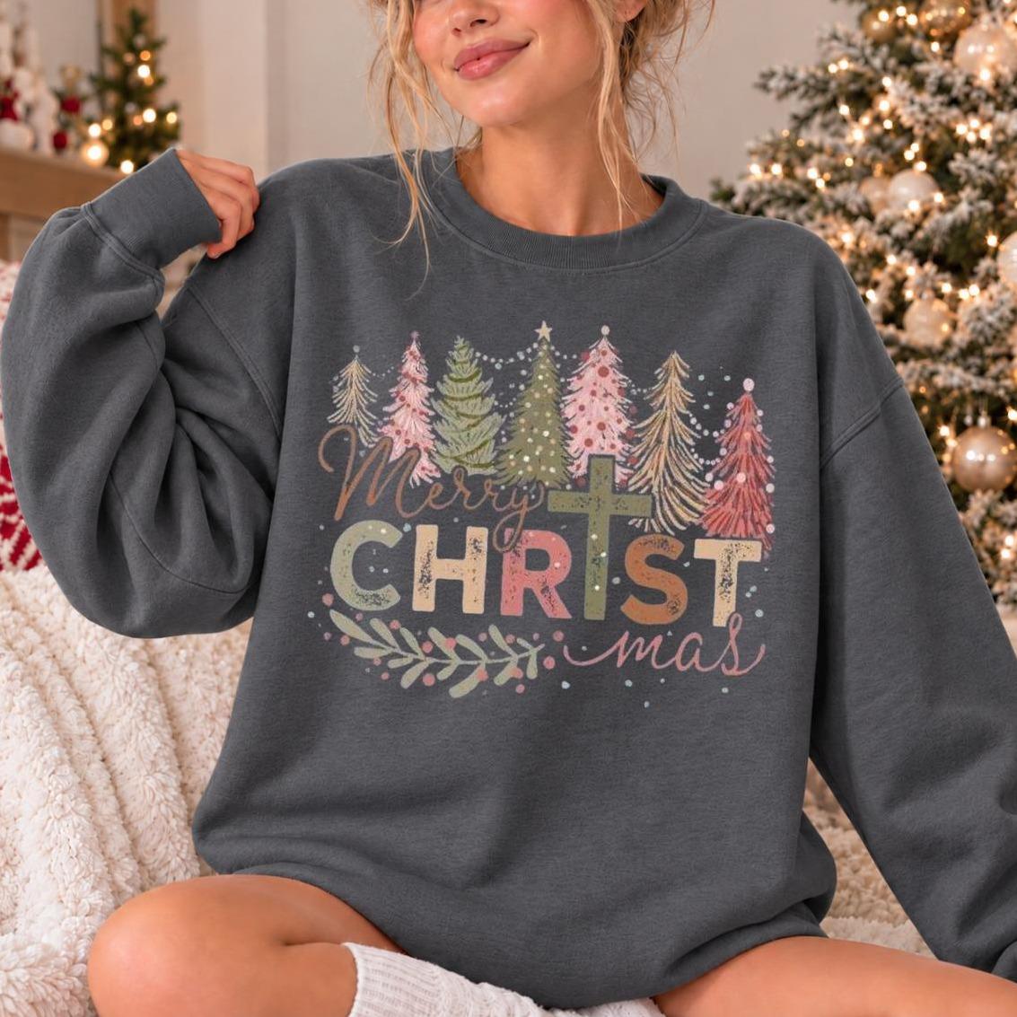 Christian Christmas Sweatshirt, Merry CHRISTmas Faith Cross, Holiday Women, Vintage Pastel Tree Design