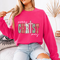 Christian Christmas Sweatshirt Merry CHRISTmas Christmas Faith Women Checker Cross Design