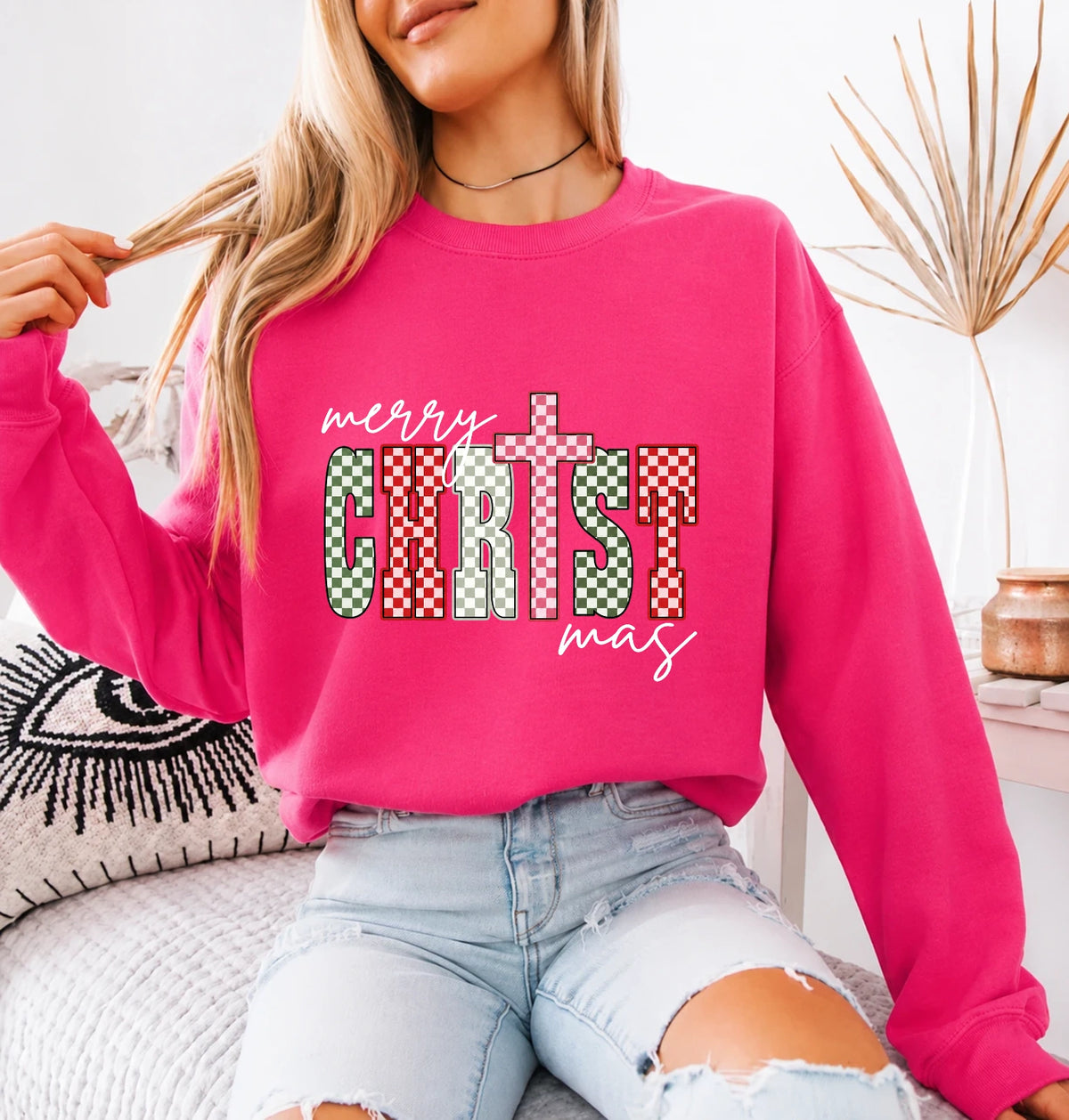 Christian Christmas Sweatshirt Merry CHRISTmas Christmas Faith Women Checker Cross Design