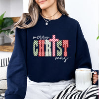 Christian Christmas Sweatshirt Merry CHRISTmas Christmas Faith Women Checker Cross Design