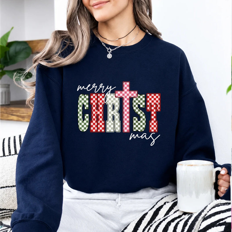 Christian Christmas Sweatshirt Merry CHRISTmas Christmas Faith Women Checker Cross Design