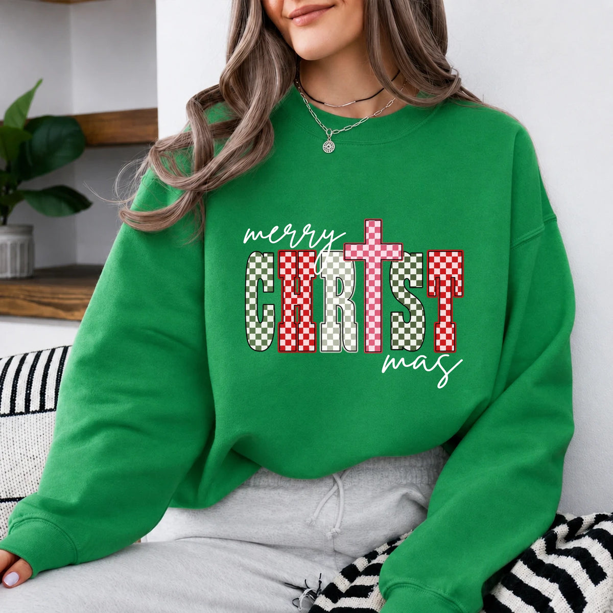 Christian Christmas Sweatshirt Merry CHRISTmas Christmas Faith Women Checker Cross Design