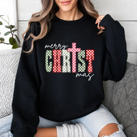 Christian Christmas Sweatshirt Merry CHRISTmas Christmas Faith Women Checker Cross Design