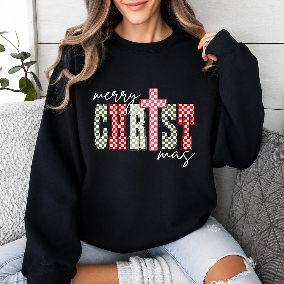 Christian Christmas Sweatshirt Merry CHRISTmas Christmas Faith Women Checker Cross Design