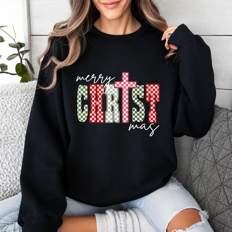 Christian Christmas Sweatshirt Merry CHRISTmas Christmas Faith Women Checker Cross Design