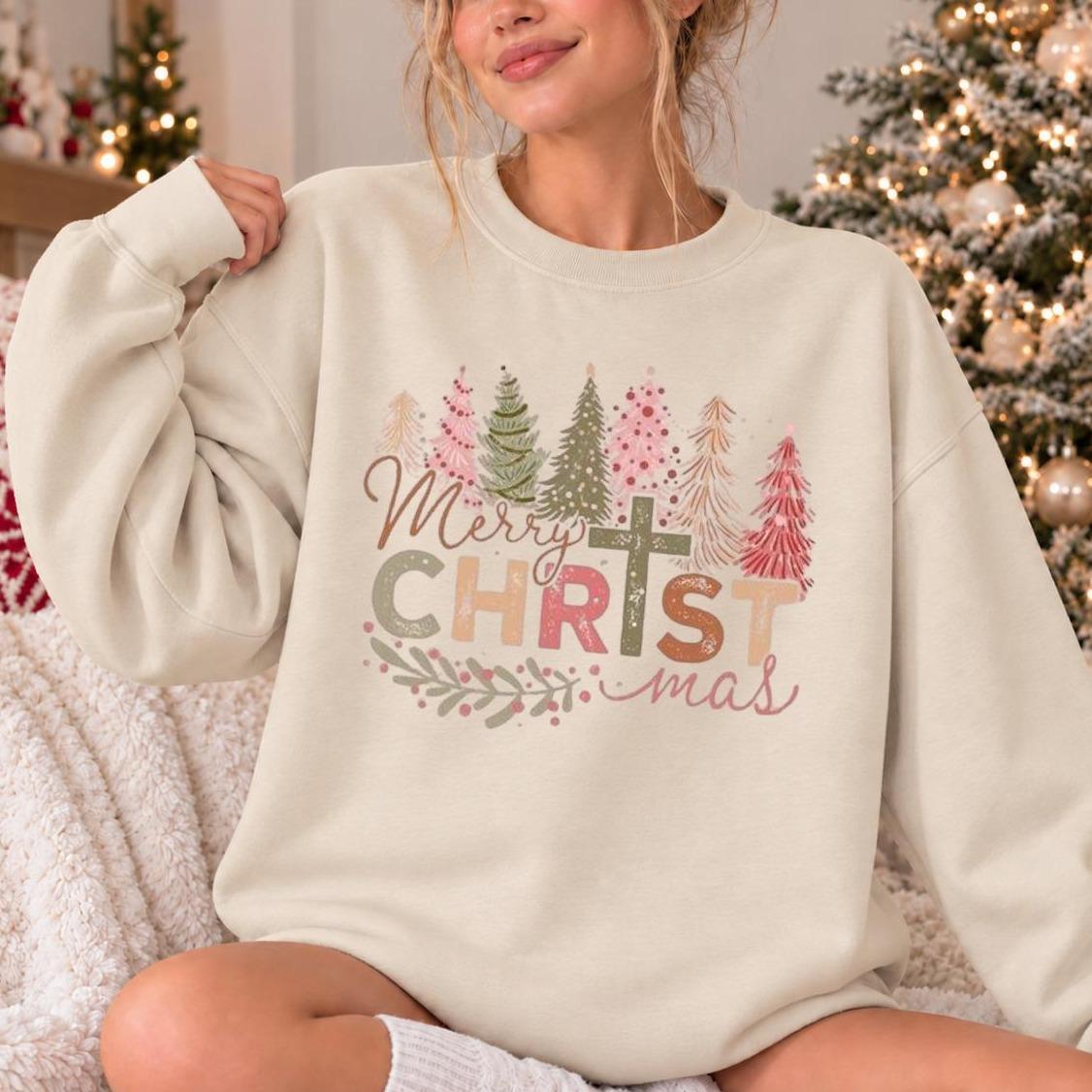 Christian Christmas Sweatshirt, Merry CHRISTmas Faith Cross, Holiday Women, Vintage Pastel Tree Design