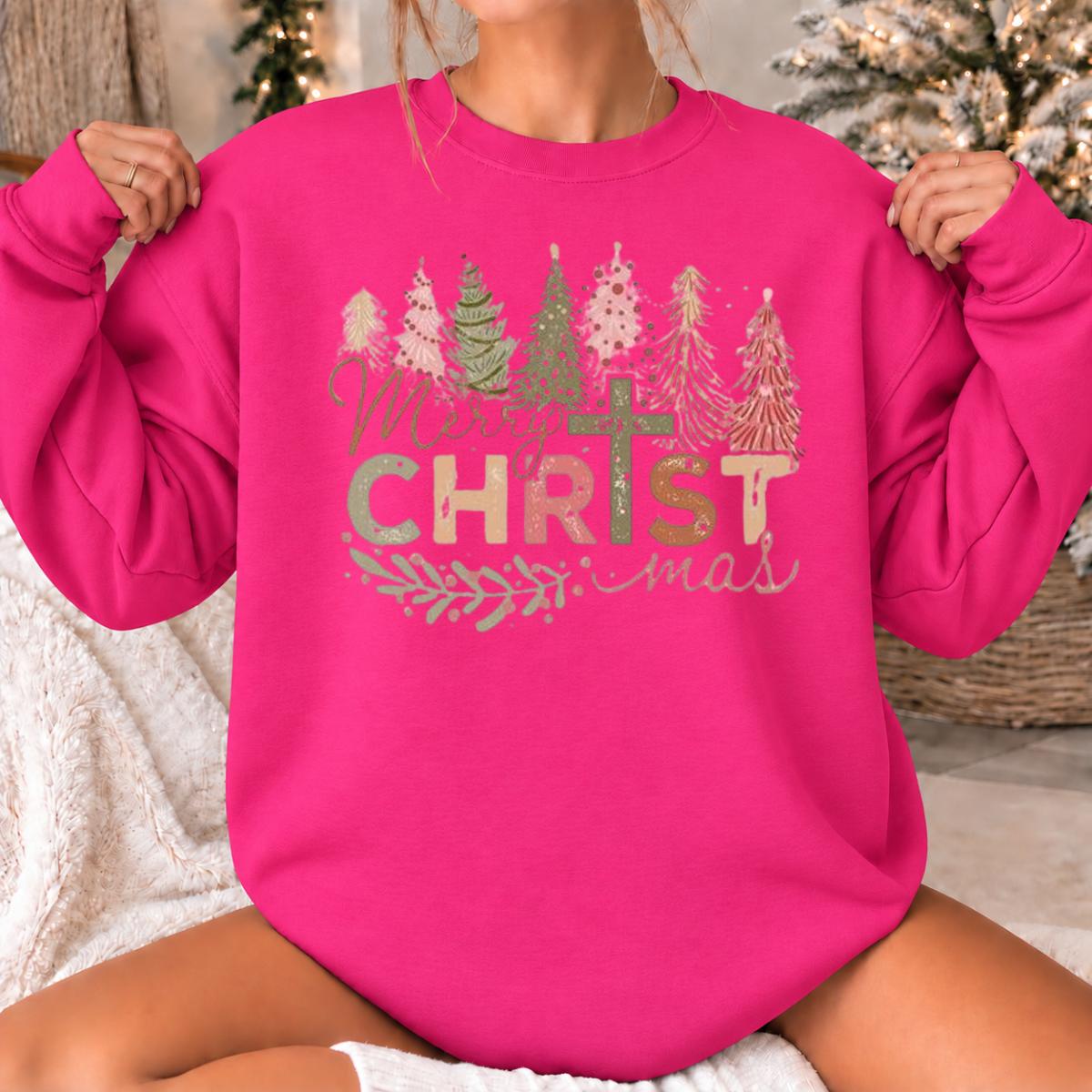 Christian Christmas Sweatshirt, Merry CHRISTmas Faith Cross, Holiday Women, Vintage Pastel Tree Design