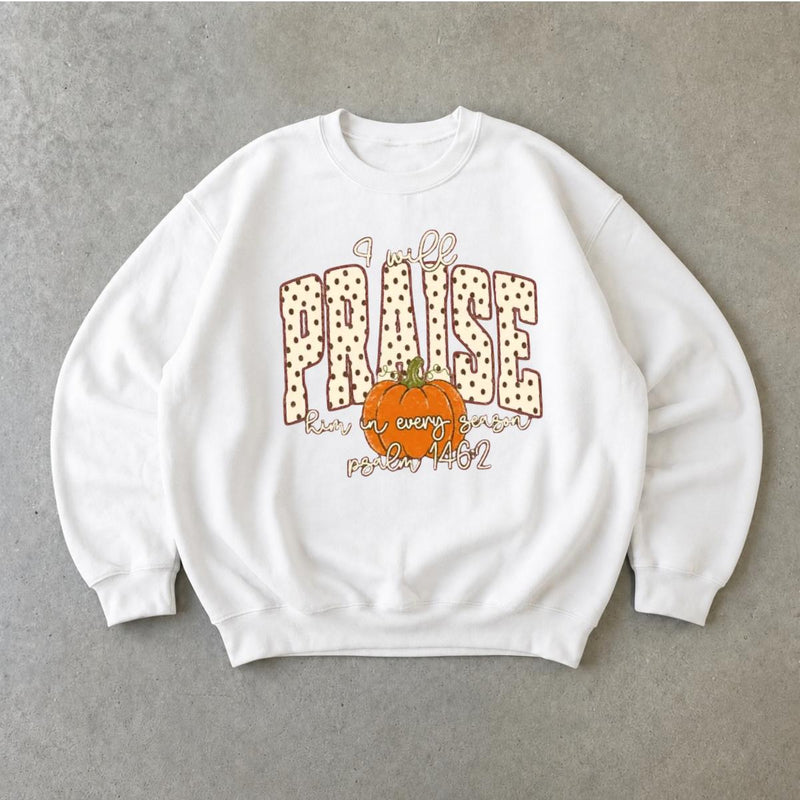 Christian Fall Sweatshirt I Will Praise Him In Every Season Autumn Faith Women Retro Pumpkin Design