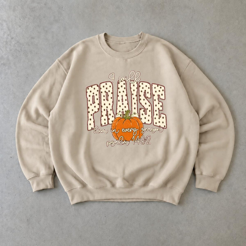 Christian Fall Sweatshirt I Will Praise Him In Every Season Autumn Faith Women Retro Pumpkin Design