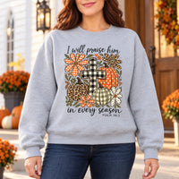 Christian Fall Sweatshirt with I Will Praise Him in Every Season Bible Verse, Psalm 146:2 Cross and Pumpkin Floral Artwork