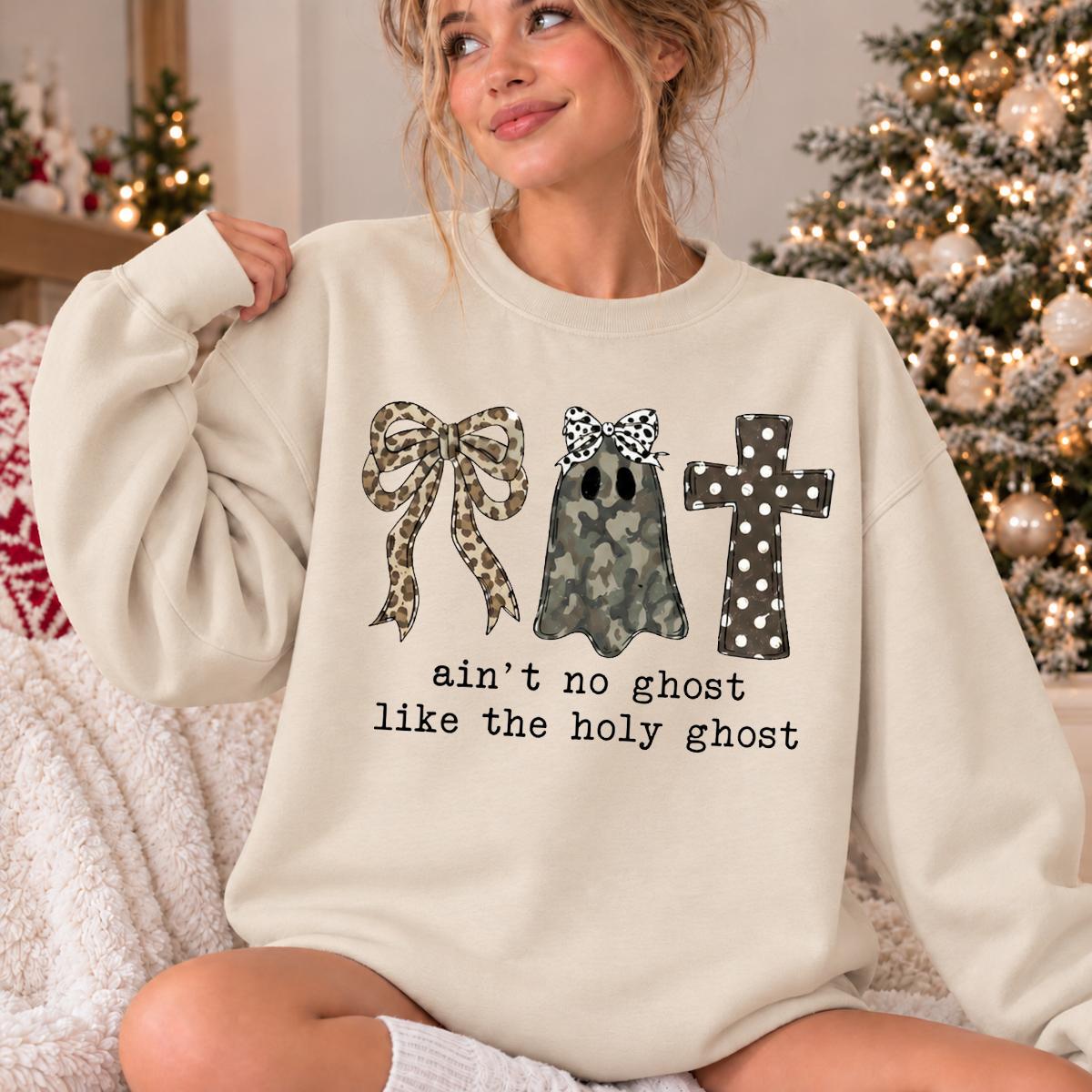 Christian Halloween Sweatshirt Ain't No Ghost Like the Holy Ghost Faith Based Fall Women Cute Camo Bow Design