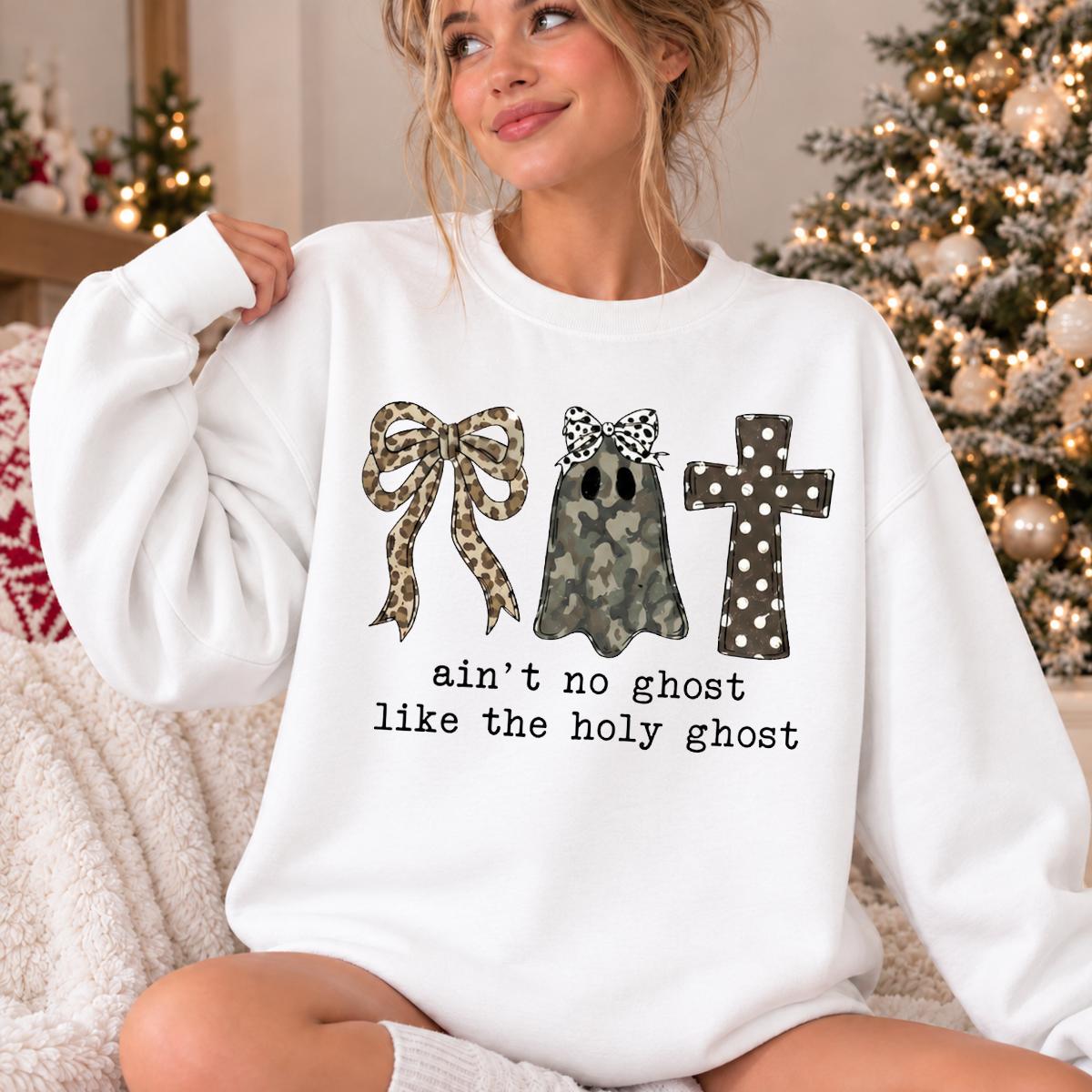Christian Halloween Sweatshirt Ain't No Ghost Like the Holy Ghost Faith Based Fall Women Cute Camo Bow Design