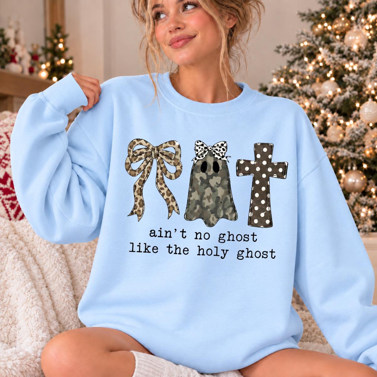 Christian Halloween Sweatshirt Ain't No Ghost Like the Holy Ghost Faith Based Fall Women Cute Camo Bow Design