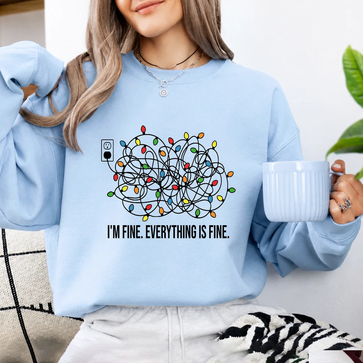 Christmas Anxiety Sweatshirt I'm Fine Everything Is Fine Holiday Stress Humor Women Tangled Lights Design