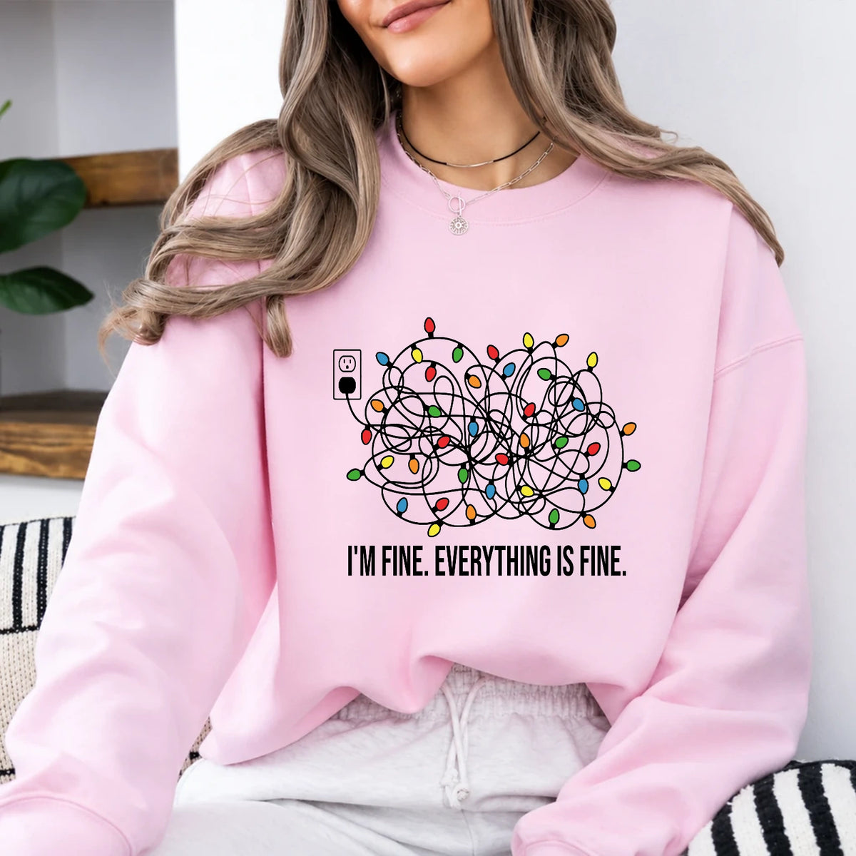 Christmas Anxiety Sweatshirt I'm Fine Everything Is Fine Holiday Stress Humor Women Tangled Lights Design