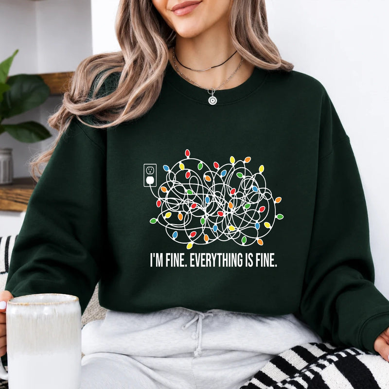Christmas Anxiety Sweatshirt I'm Fine Everything Is Fine Holiday Stress Humor Women Tangled Lights Design