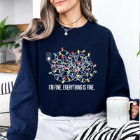 Christmas Anxiety Sweatshirt I'm Fine Everything Is Fine Holiday Stress Humor Women Tangled Lights Design