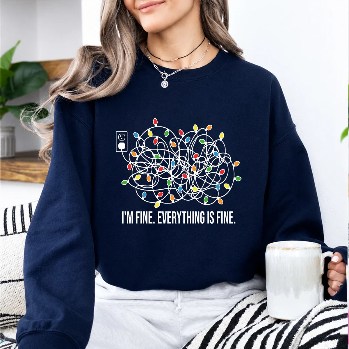 Christmas Anxiety Sweatshirt I'm Fine Everything Is Fine Holiday Stress Humor Women Tangled Lights Design