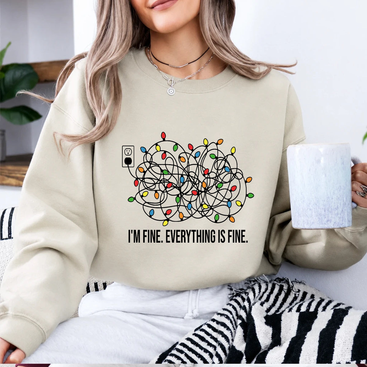Christmas Anxiety Sweatshirt I'm Fine Everything Is Fine Holiday Stress Humor Women Tangled Lights Design