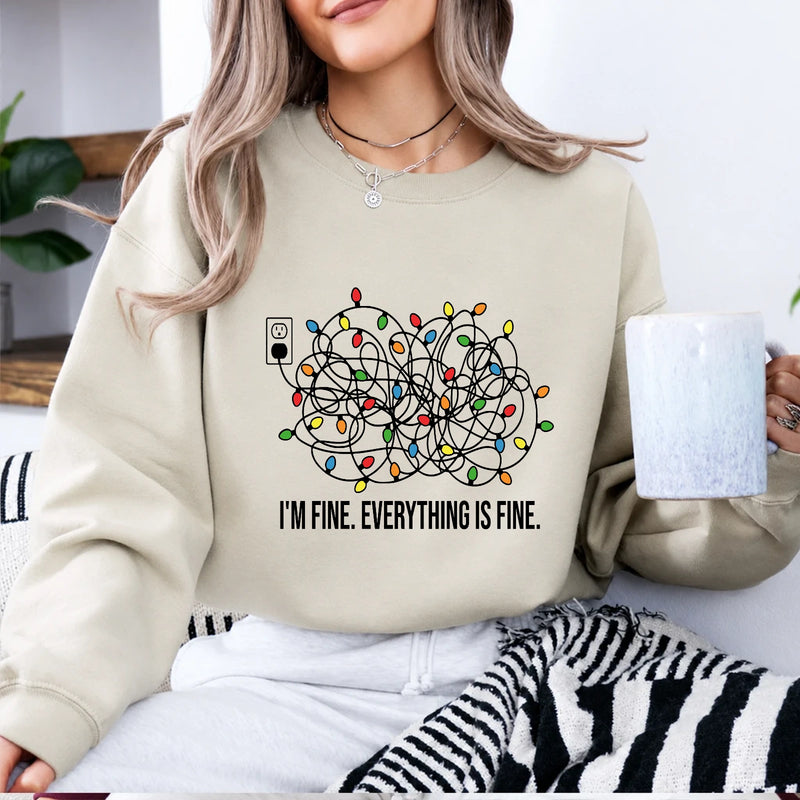 Christmas Anxiety Sweatshirt I'm Fine Everything Is Fine Holiday Stress Humor Women Tangled Lights Design