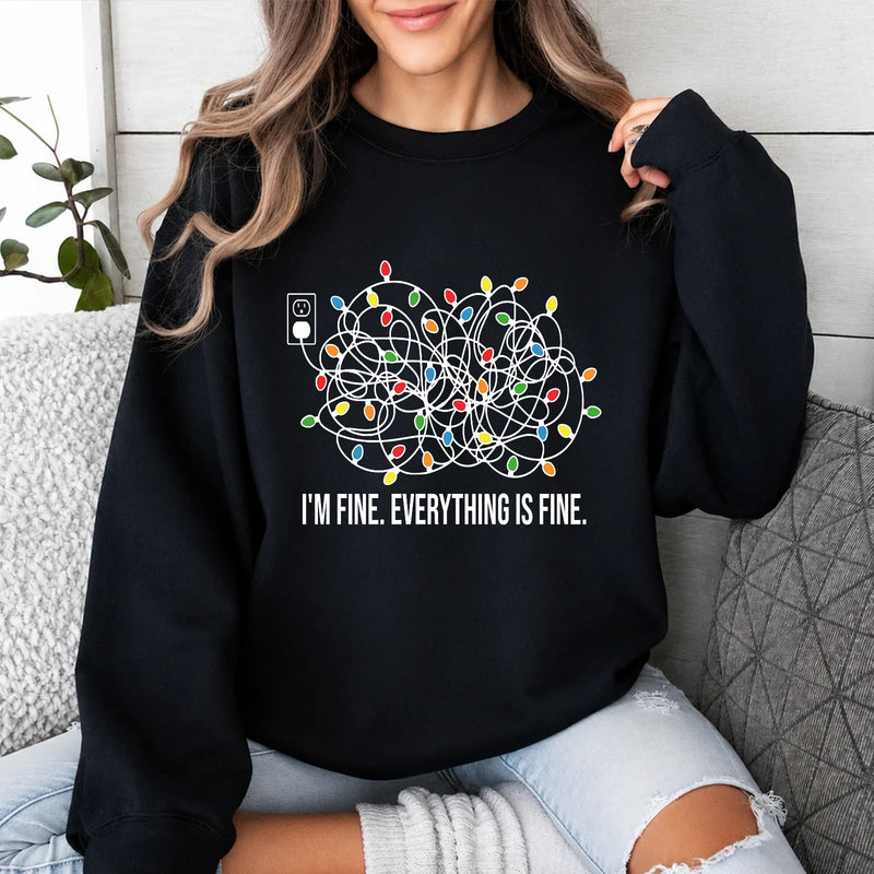Christmas Anxiety Sweatshirt I'm Fine Everything Is Fine Holiday Stress Humor Women Tangled Lights Design