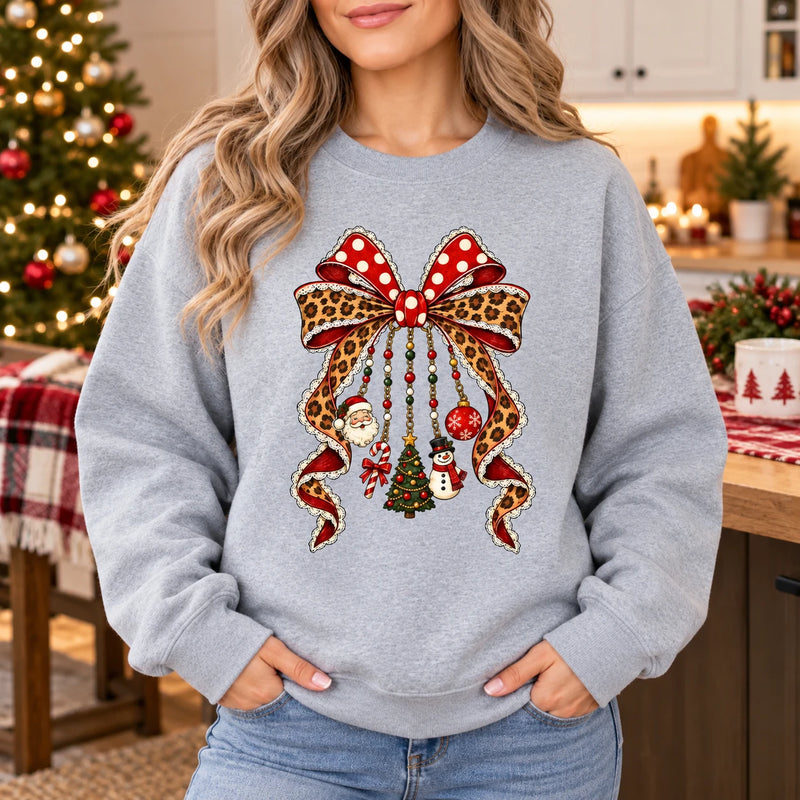 Christmas Bow Sweatshirt Leopard Ribbon Holiday Charm For Women Cute Coquette Xmas Style