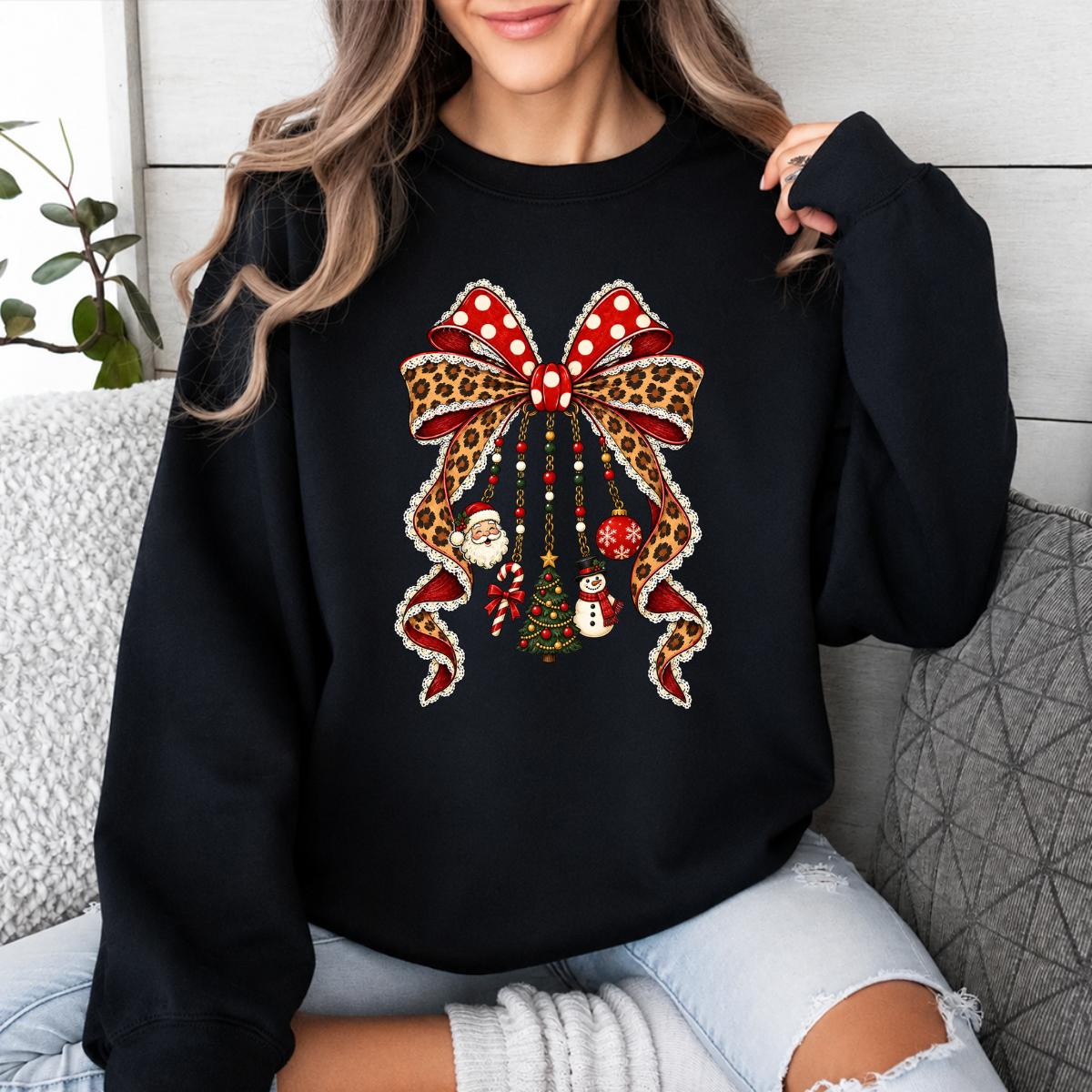 Christmas Bow Sweatshirt Leopard Ribbon Charm Design Holiday Women Cute Coquette Style