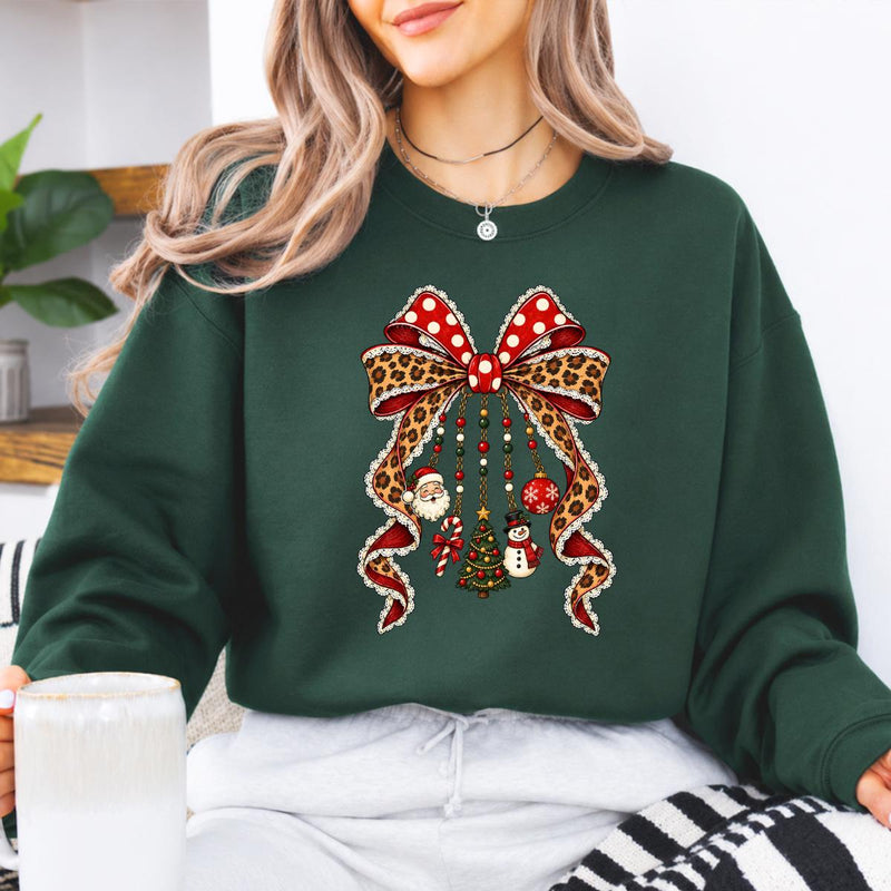 Christmas Bow Sweatshirt Leopard Ribbon Charm Design Holiday Women Cute Coquette Style