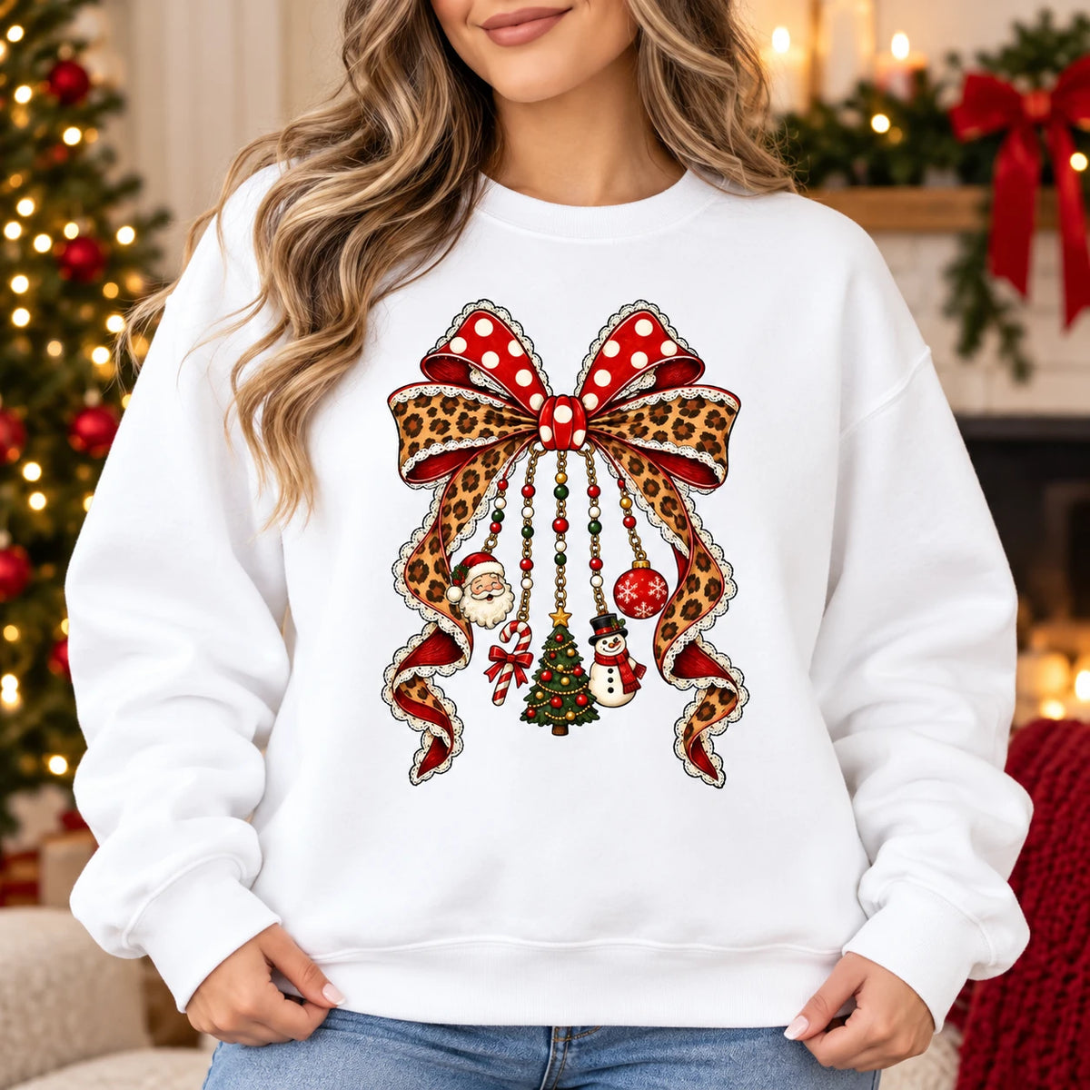 Christmas Bow Sweatshirt Leopard Ribbon Holiday Charm For Women Cute Coquette Xmas Style