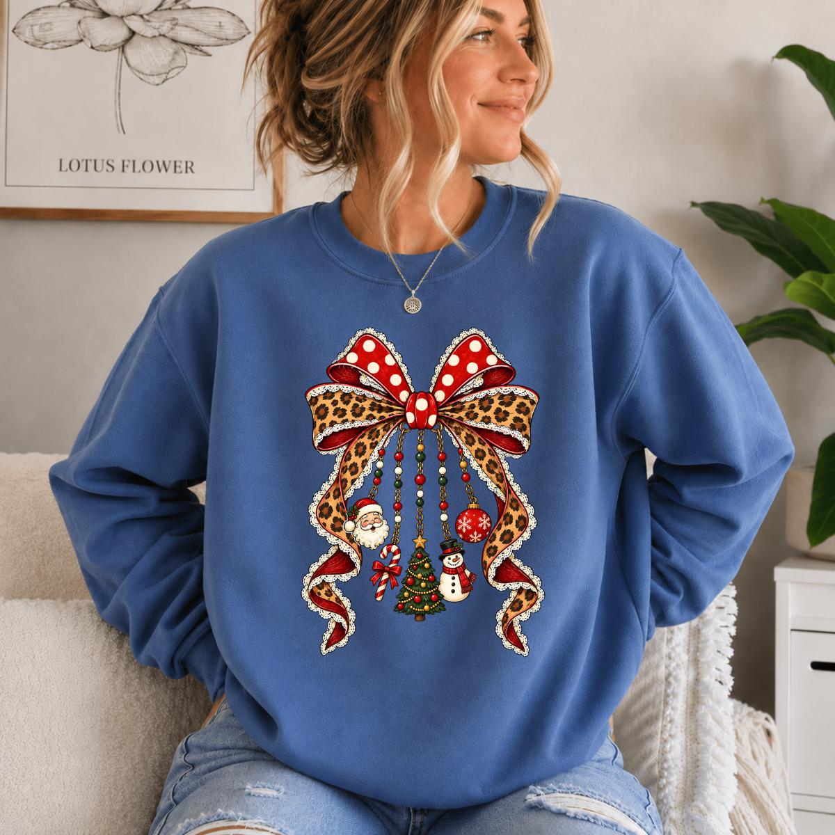 Christmas Bow Sweatshirt Leopard Ribbon Charm Design Holiday Women Cute Coquette Style