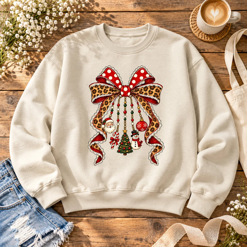 Christmas Bow Sweatshirt Leopard Ribbon Holiday Charm For Women Cute Coquette Xmas Style