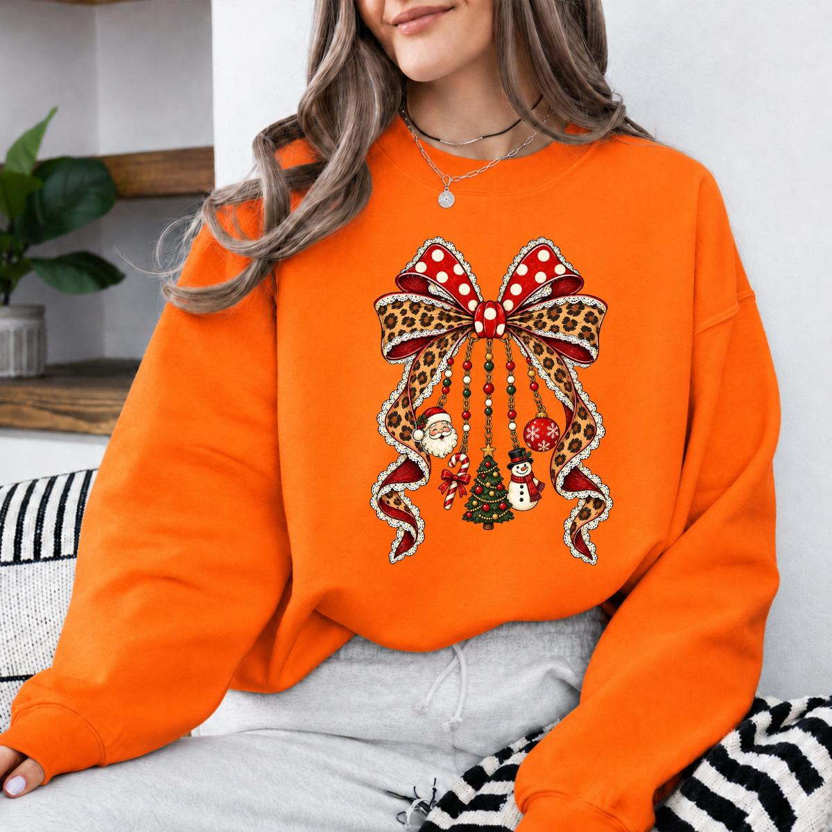 Christmas Bow Sweatshirt Leopard Ribbon Charm Design Holiday Women Cute Coquette Style