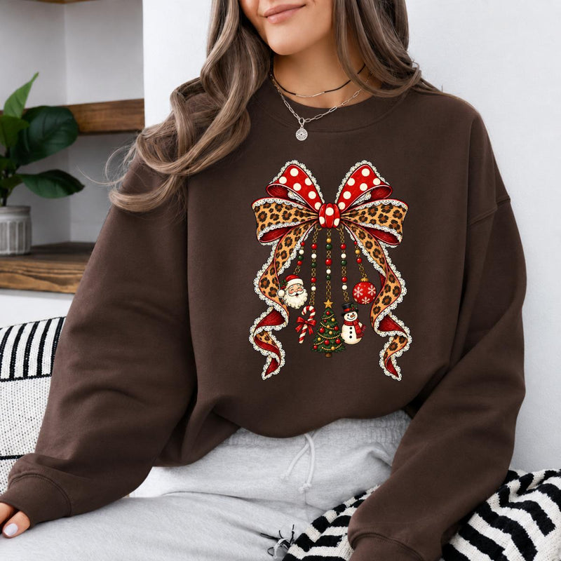 Christmas Bow Sweatshirt Leopard Ribbon Charm Design Holiday Women Cute Coquette Style