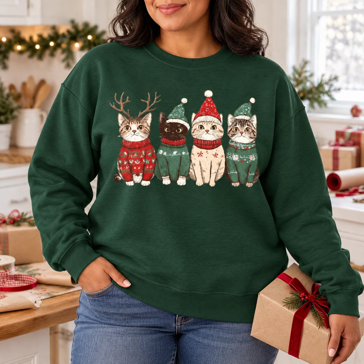 Christmas Cat Mom Gift, Four Festive Kittens Sweatshirt, Cute Vintage Holiday Illustration