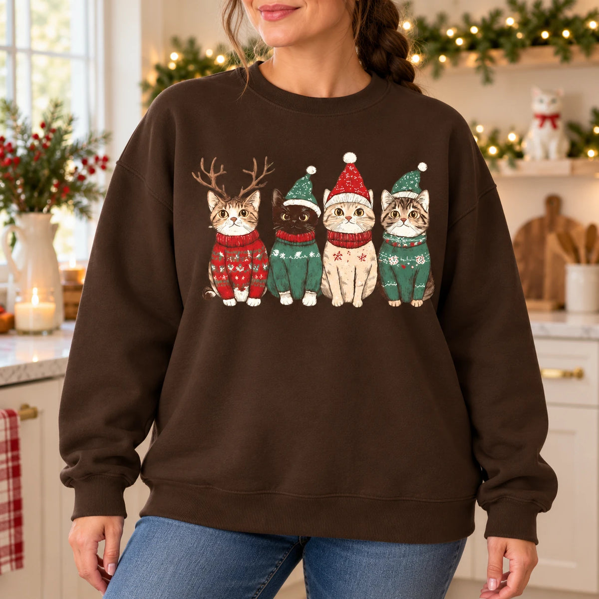 Christmas Cat Mom Gift, Four Festive Kittens Sweatshirt, Cute Vintage Holiday Illustration
